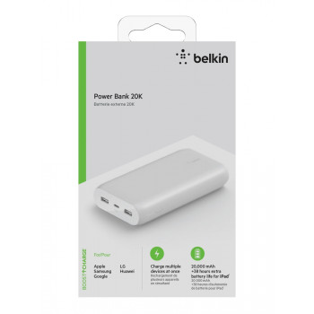 Belkin Pocket Power Φορητό Μαύρο PowerBank 20000 mAh με USB-A X2 και USB-C Άσπρο